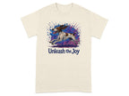 Cream t-shirt with watercolor dog and "Unleash the Joy" text.