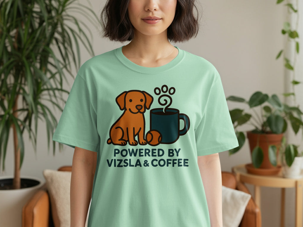 Light mint green t-shirt with a cartoon vizsla dog and coffee mug graphic.