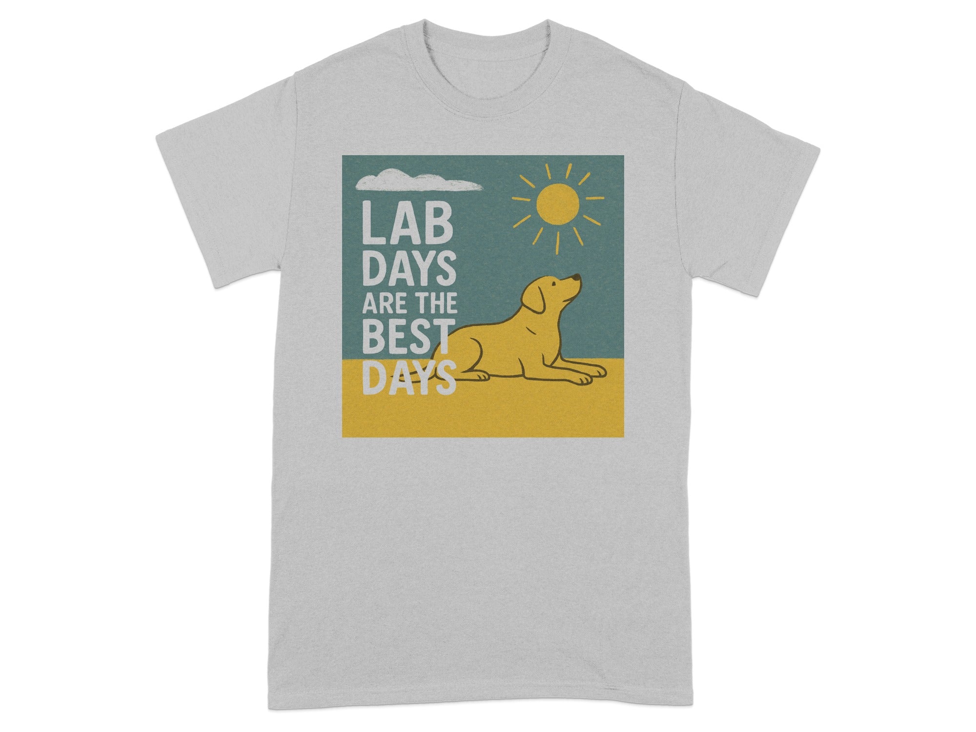 Grey t-shirt with a design of a yellow lab, sun, clouds, and text that reads "Lab Days Are The Best Days".