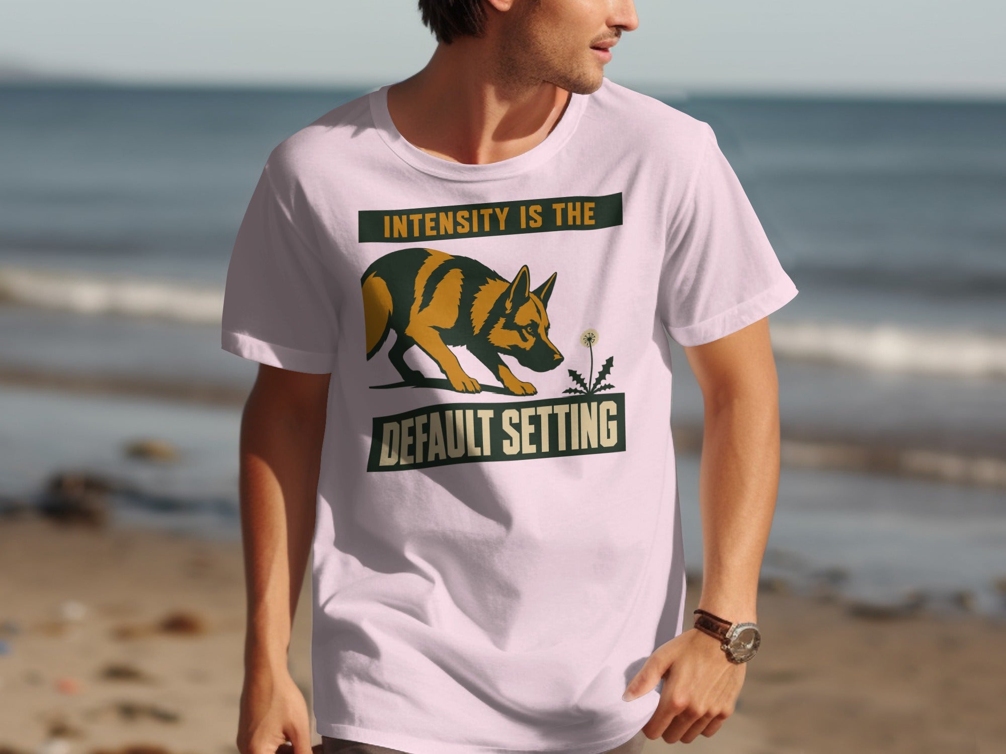 Man wearing a white t-shirt with "INTENSITY IS THE DEFAULT SETTING" text.