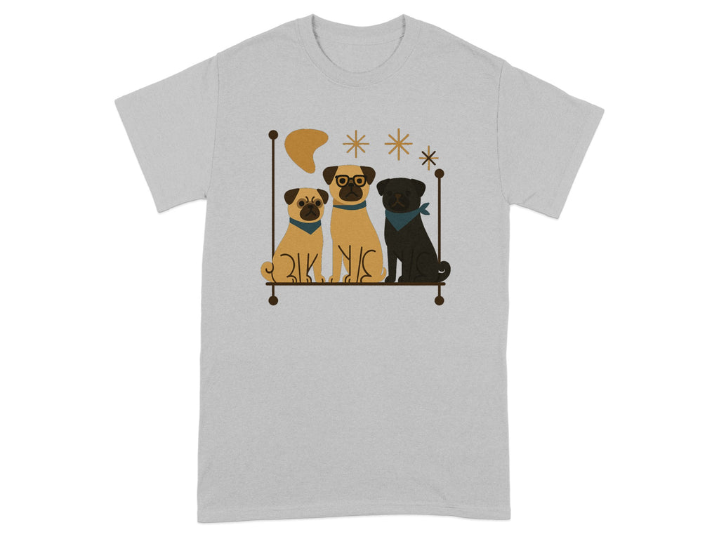 Three pugs sit on a shelf with decorative accents and starbursts.