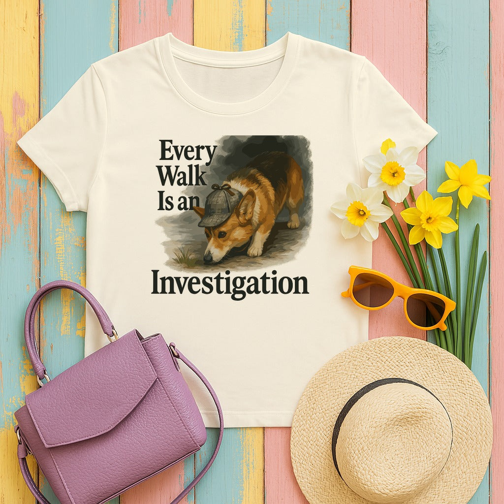 Whimsical Corgi Detective T-Shirt in Natural