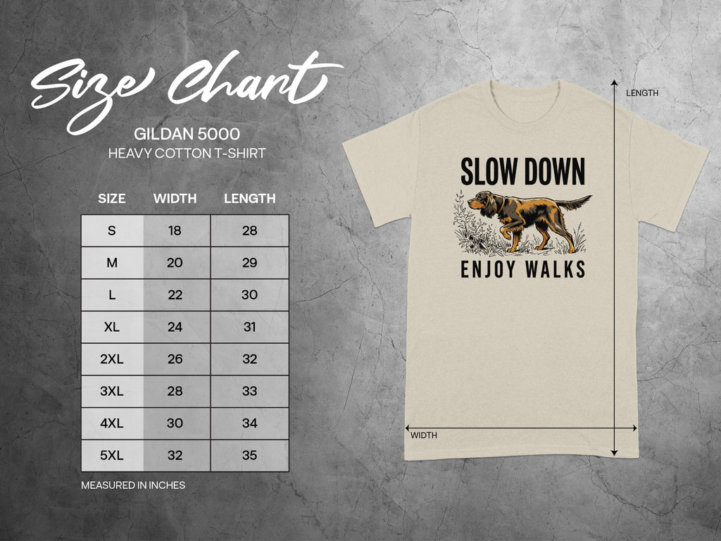 T-shirt size chart with graphic of dog on a leash.