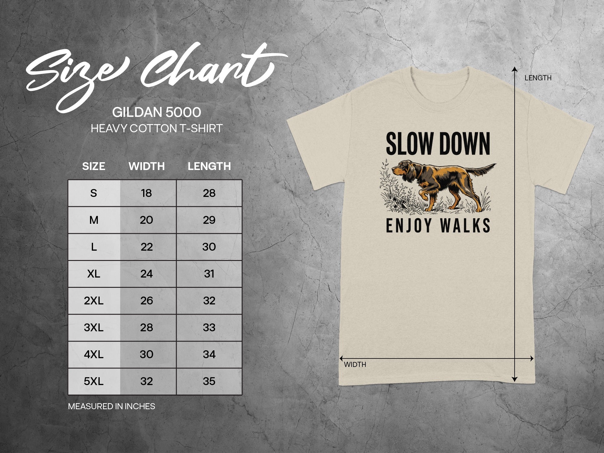 T-shirt size chart with graphic of dog on a leash.