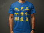 Blue t-shirt with a print of a yellow dog playing tennis in nine panels.