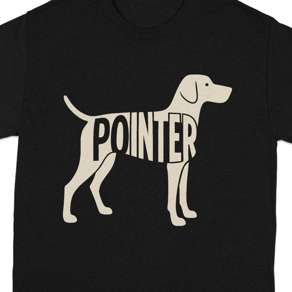Black t-shirt with silhouette of a pointer dog filled with the word "POINTER".