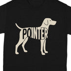 Black t-shirt with silhouette of a pointer dog filled with the word "POINTER".