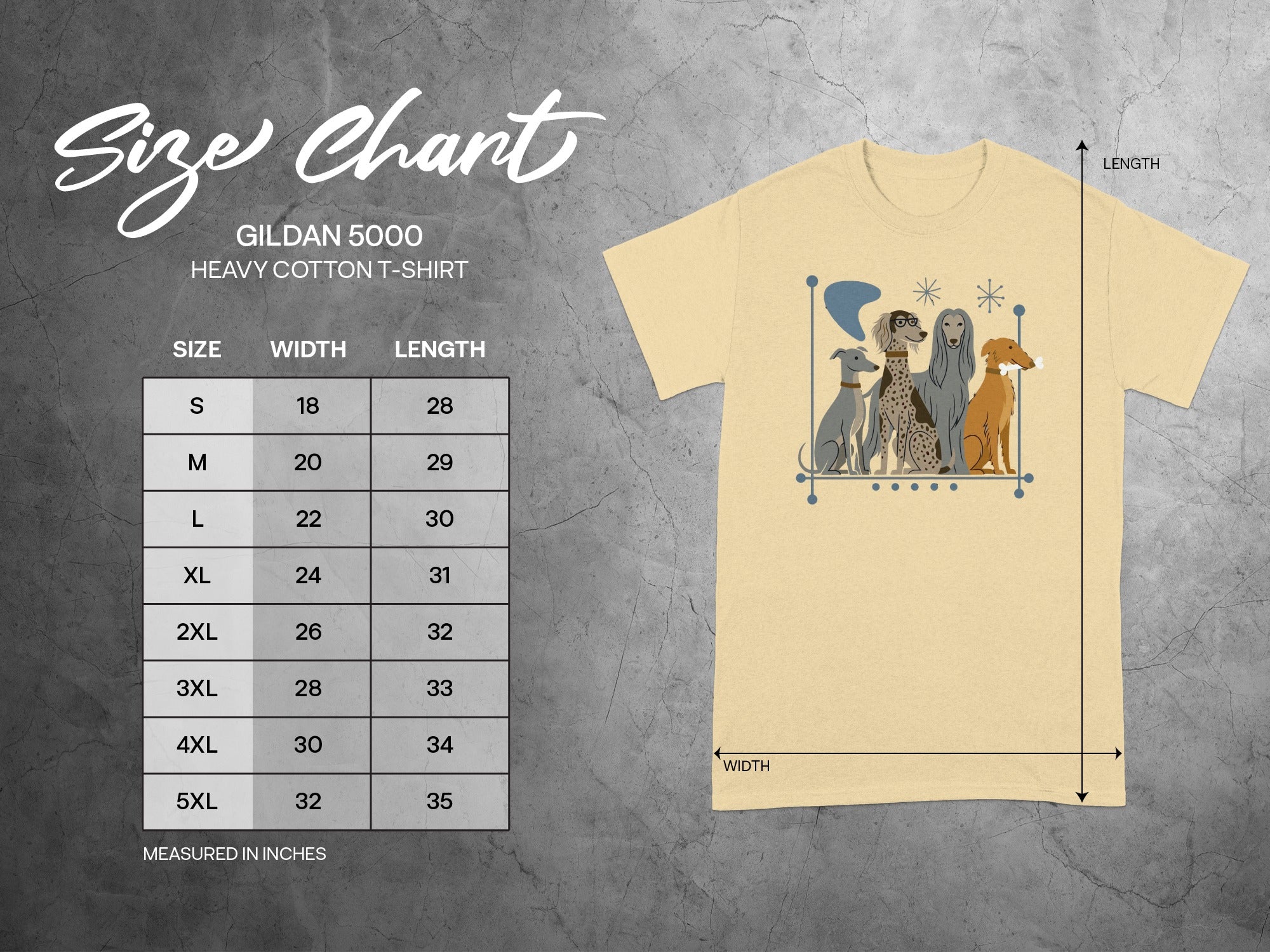 Gildan 5000 Heavy Cotton t-shirt size chart with illustrated dogs.