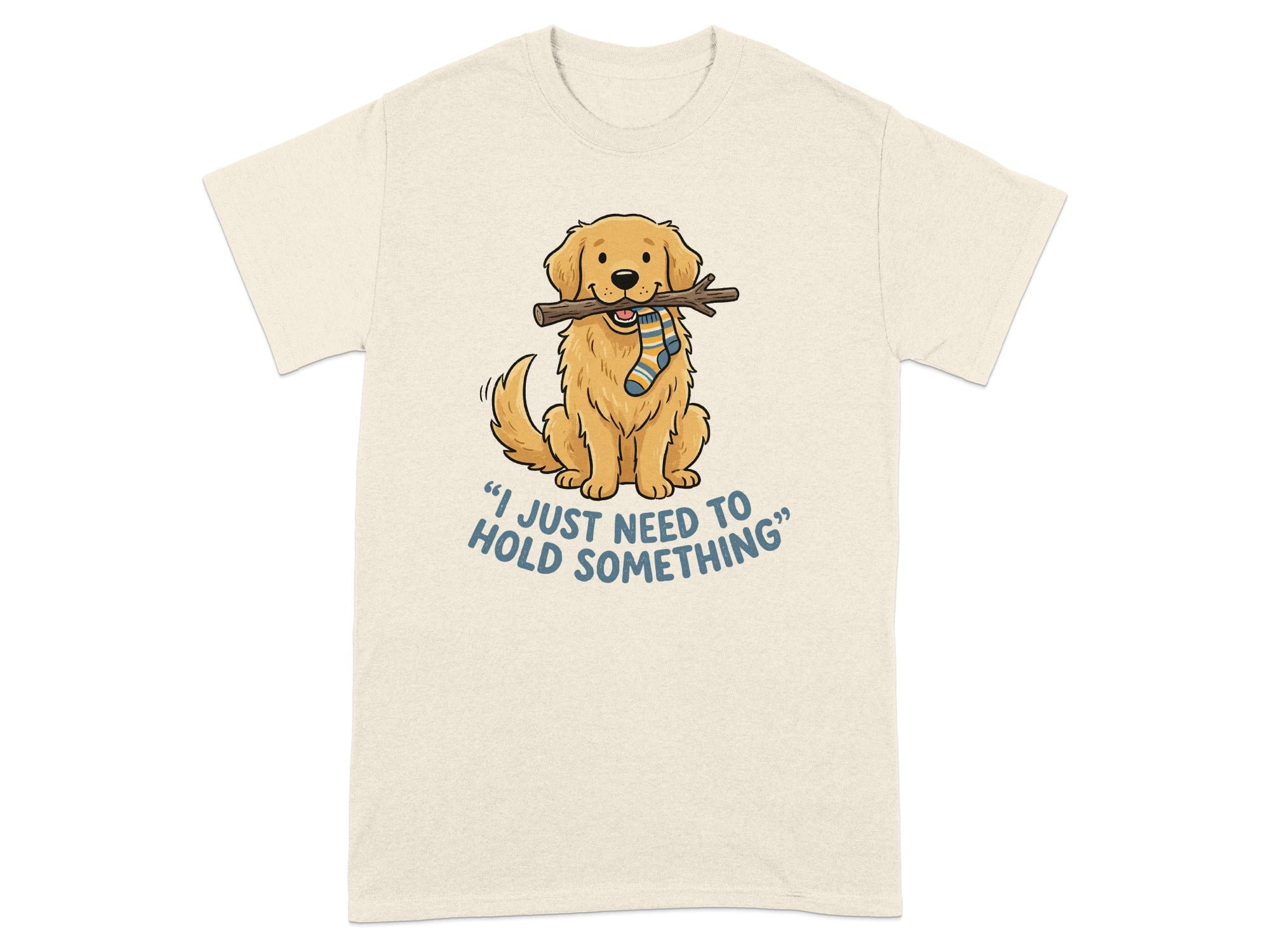 Golden Retriever puppy holding a stick and a sock in its mouth.