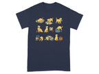 Illustration of yellow puppies on a navy blue shirt engaging in various quilting activities.