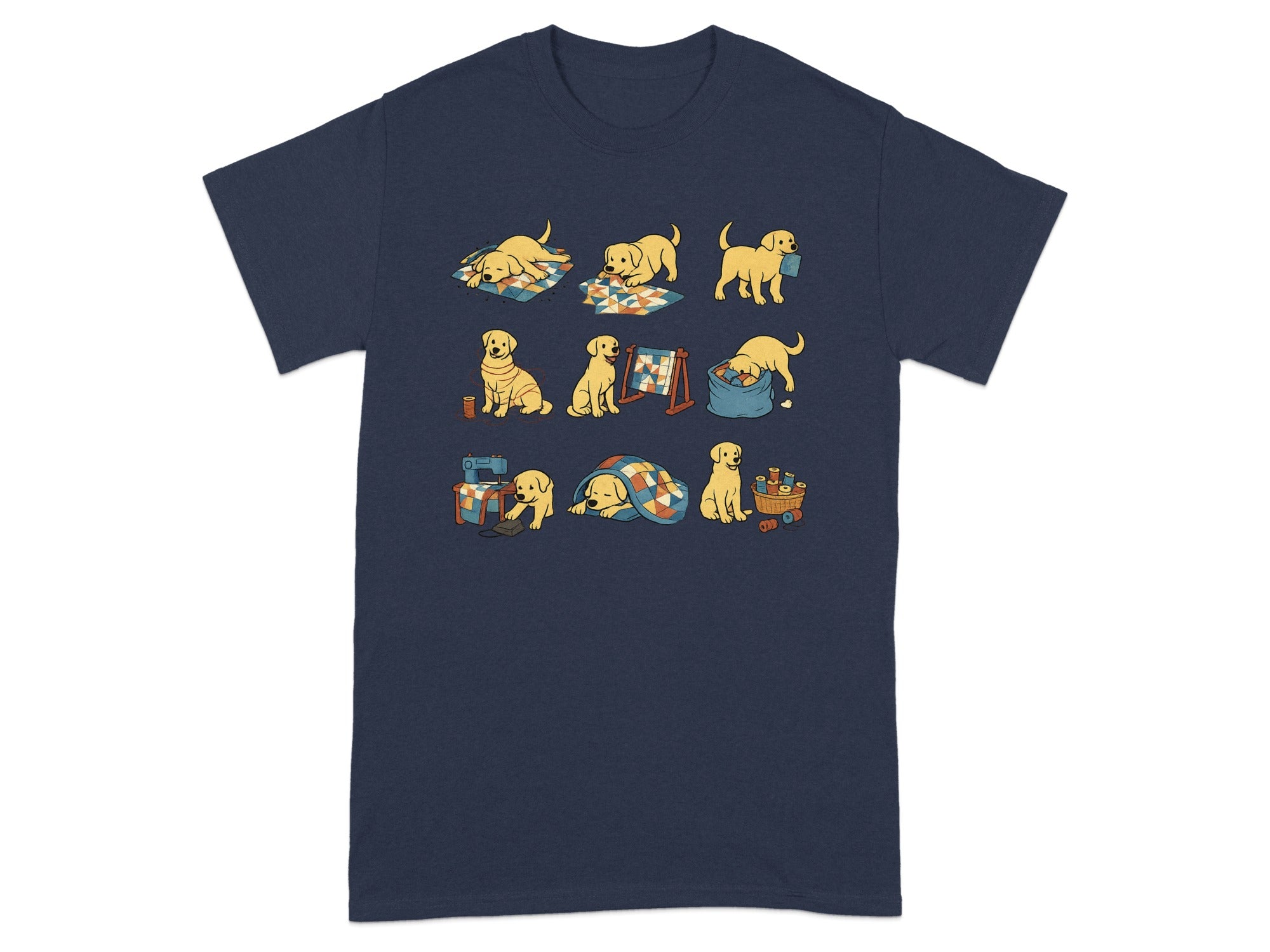 Illustration of yellow puppies on a navy blue shirt engaging in various quilting activities.
