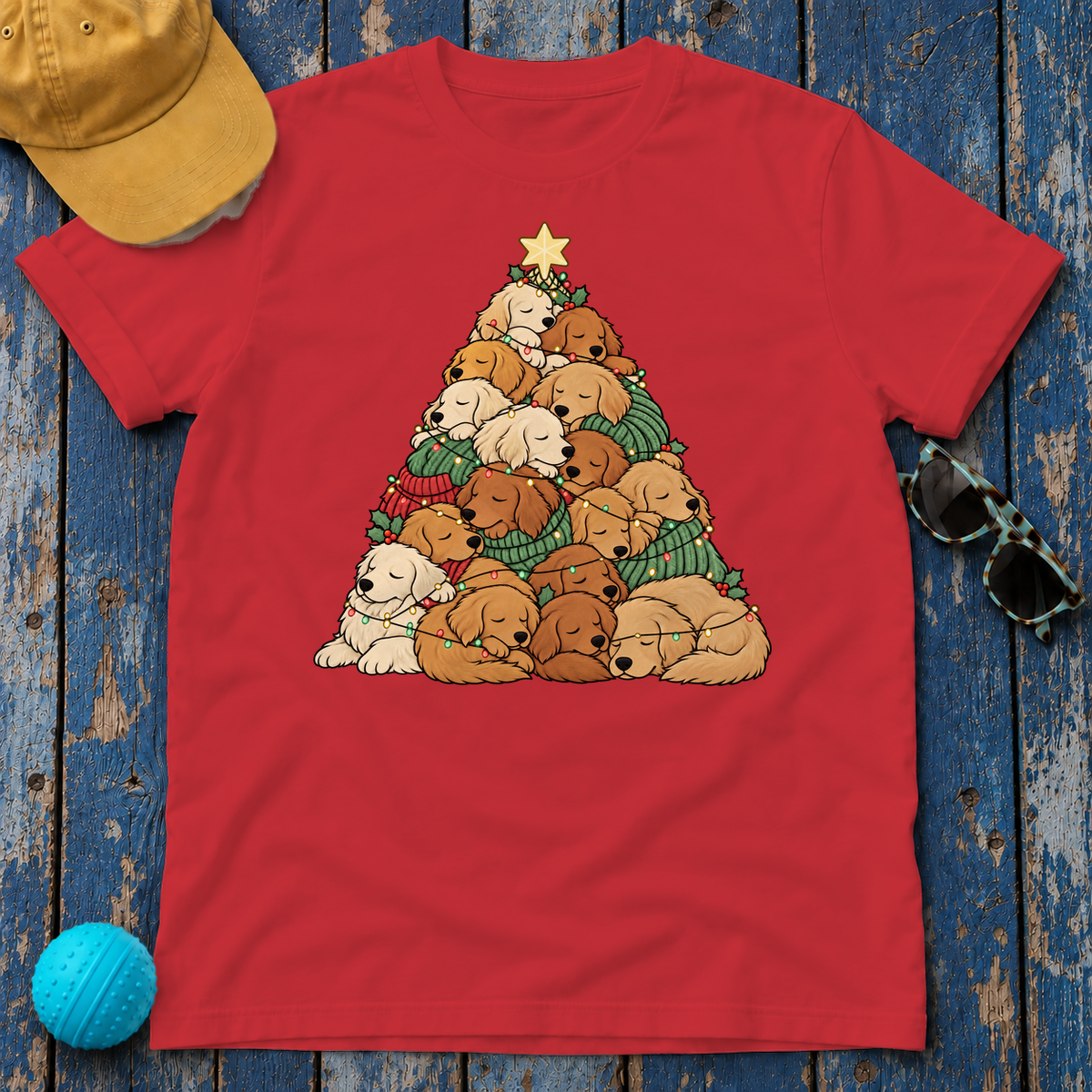 Golden Retriever Christmas Tree t-shirt in Red, flat lay