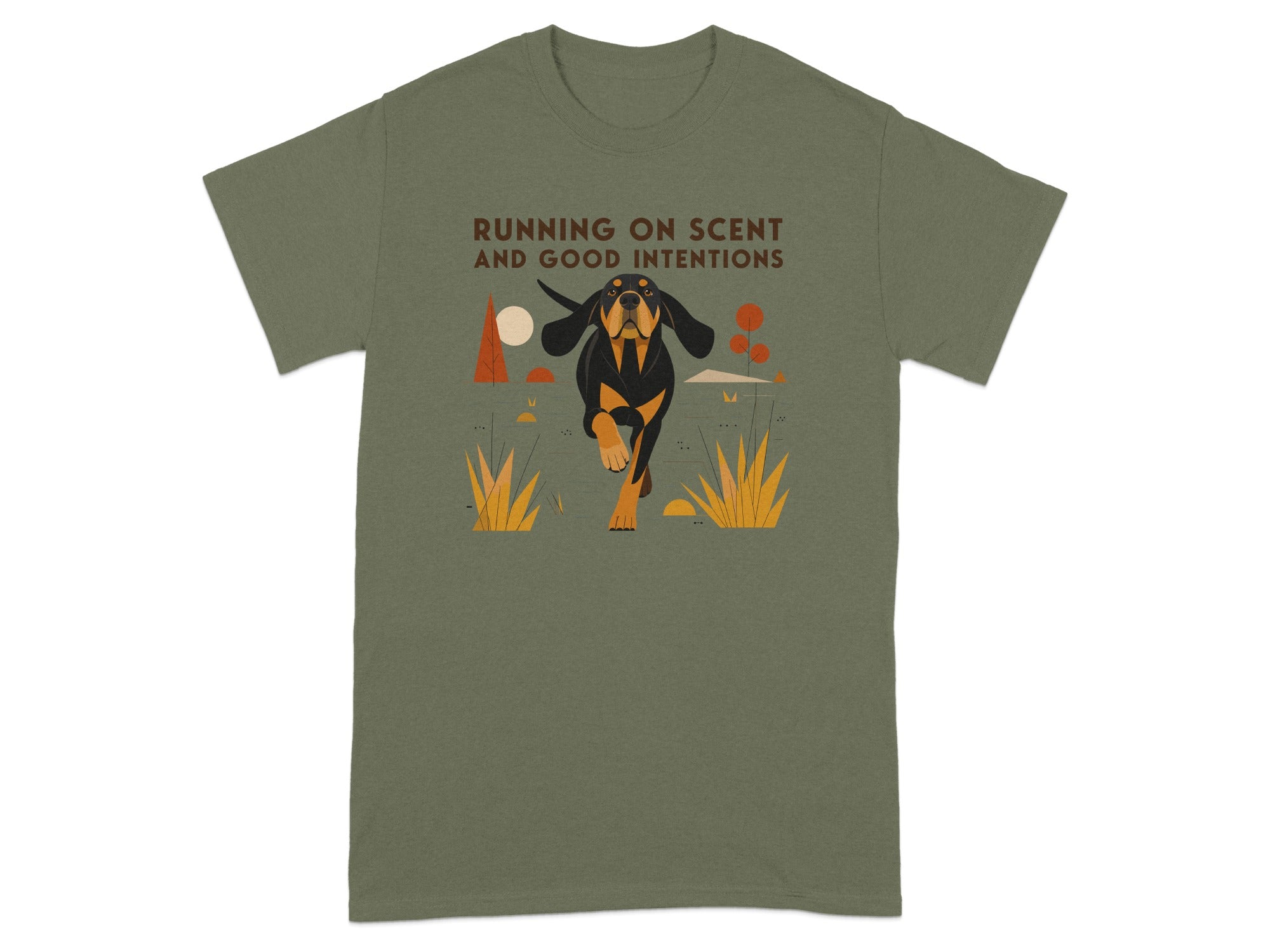 Olive green t-shirt with graphic of a dog running through a stylized landscape.