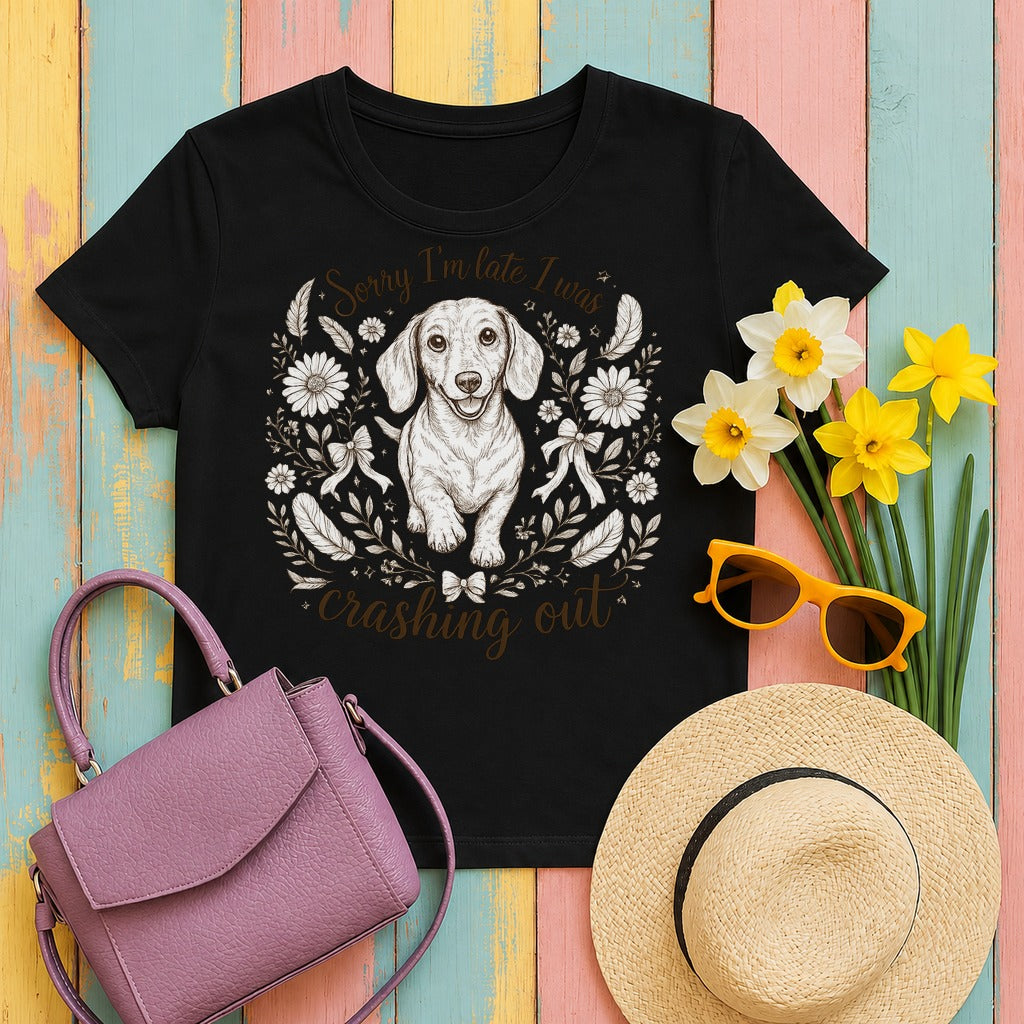 w3hero whimsical-dachshund-crashing-out-t-shirt tee flat lay hero v8