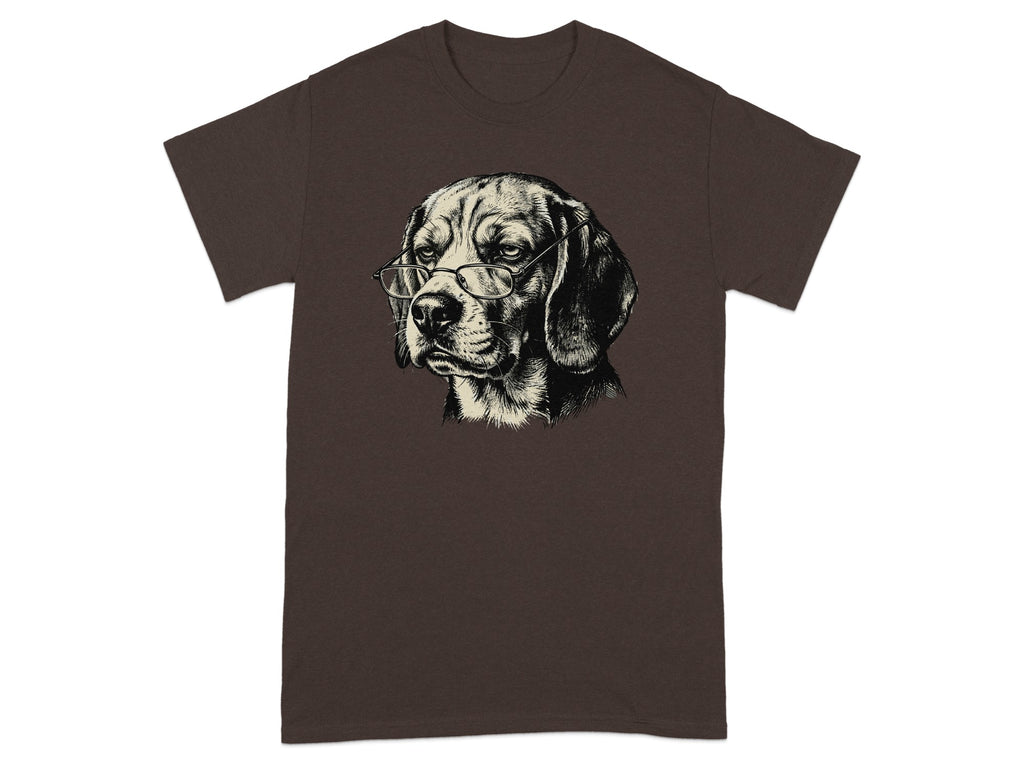 Brown t-shirt featuring a black and white sketch of a beagle wearing glasses.