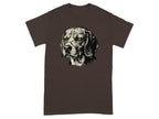 Brown t-shirt featuring a black and white sketch of a beagle wearing glasses.
