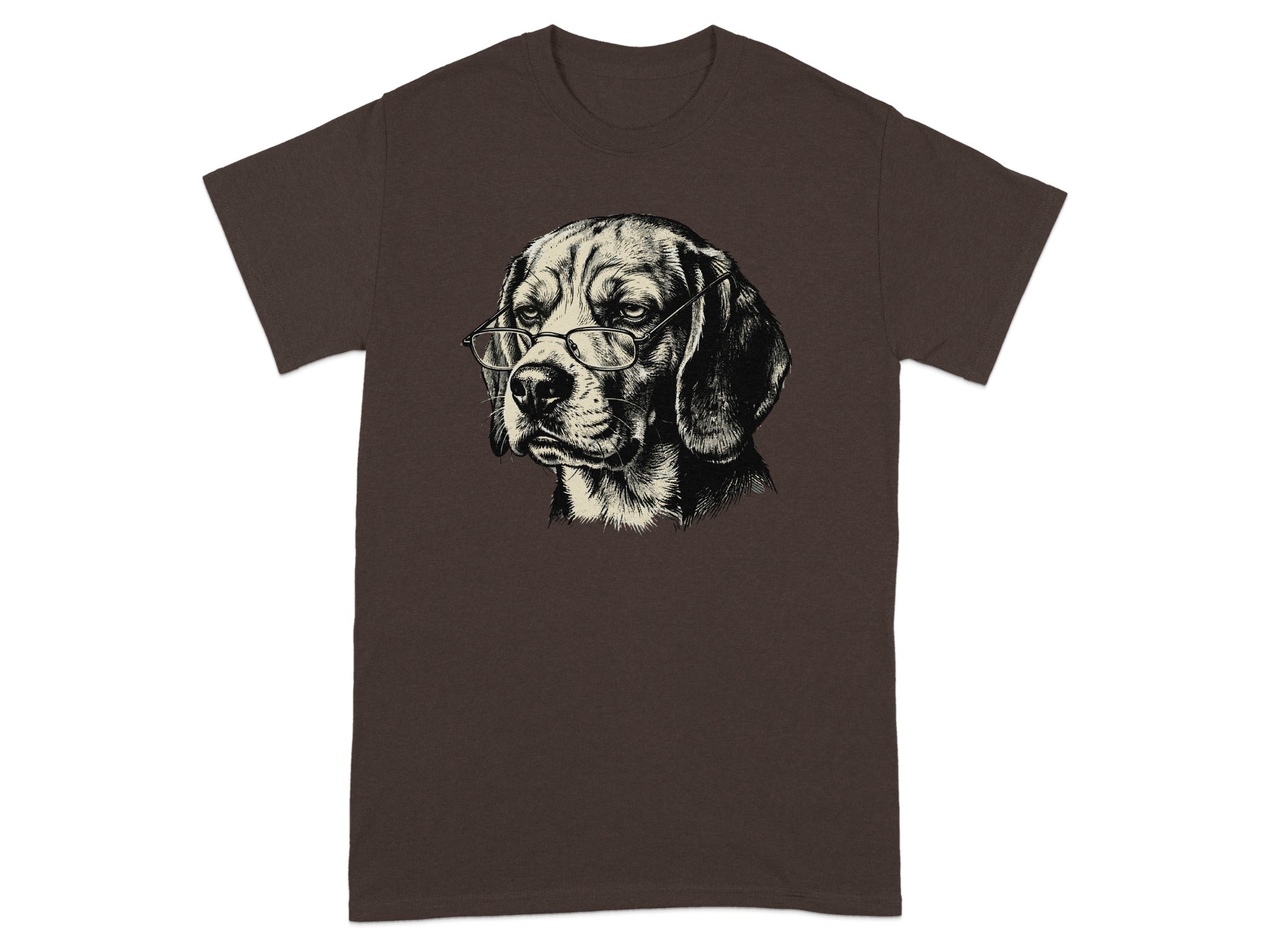 Brown t-shirt featuring a black and white sketch of a beagle wearing glasses.