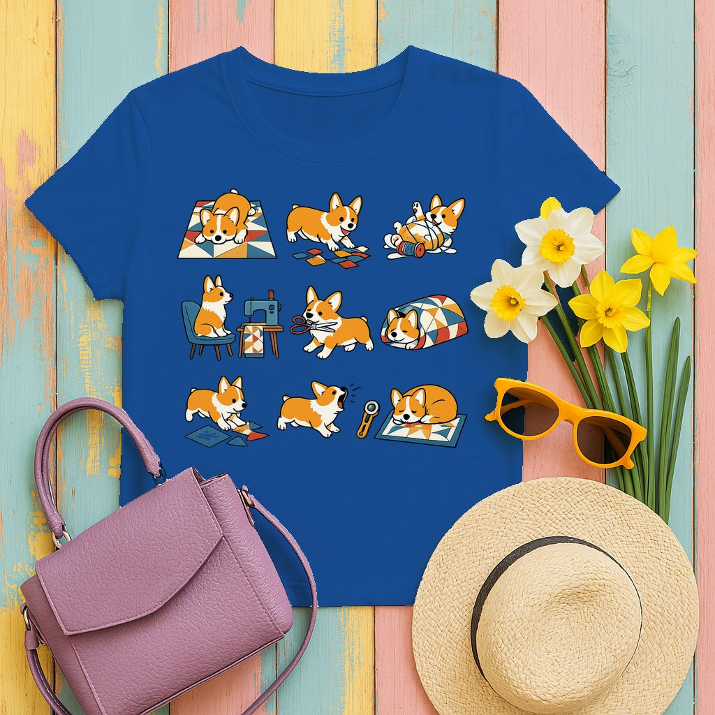 Whimsical Corgi Quilter's Chronicle T-Shirt in Royal