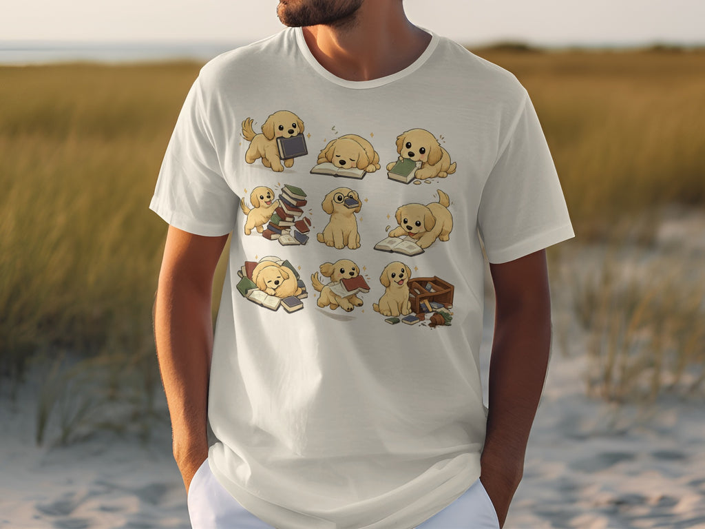 White t-shirt featuring an illustration of nine cute golden retriever puppies interacting with books.