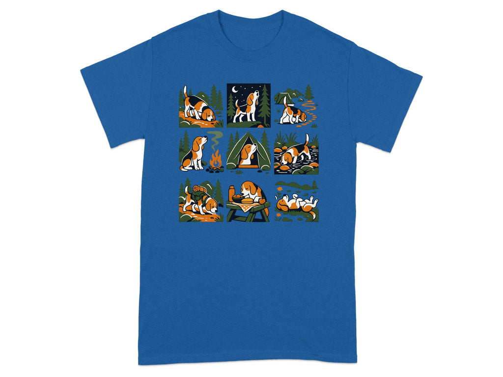 Beagle dogs in various outdoor camping and nature scenes.