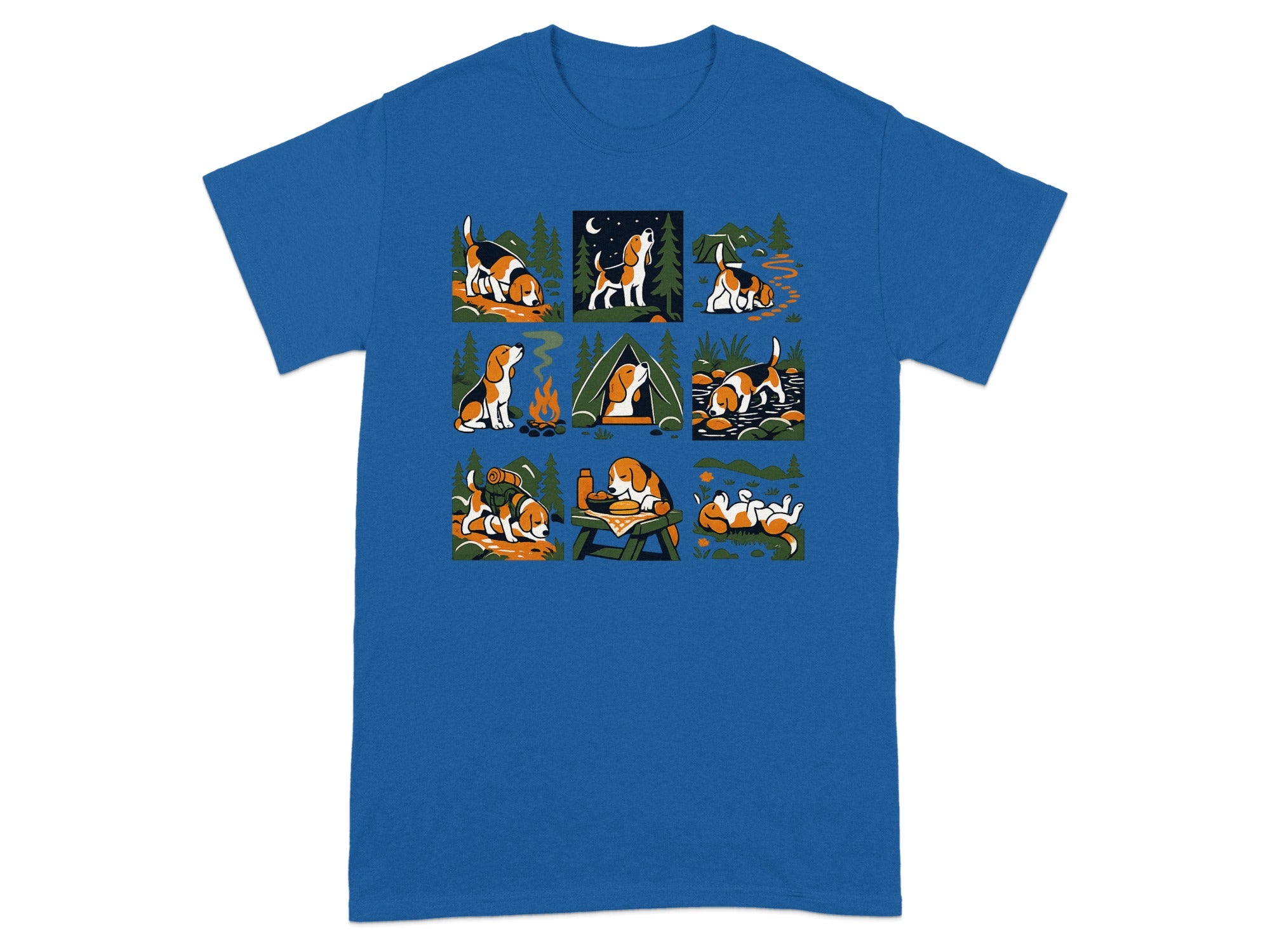 Beagle dogs in various outdoor camping and nature scenes.