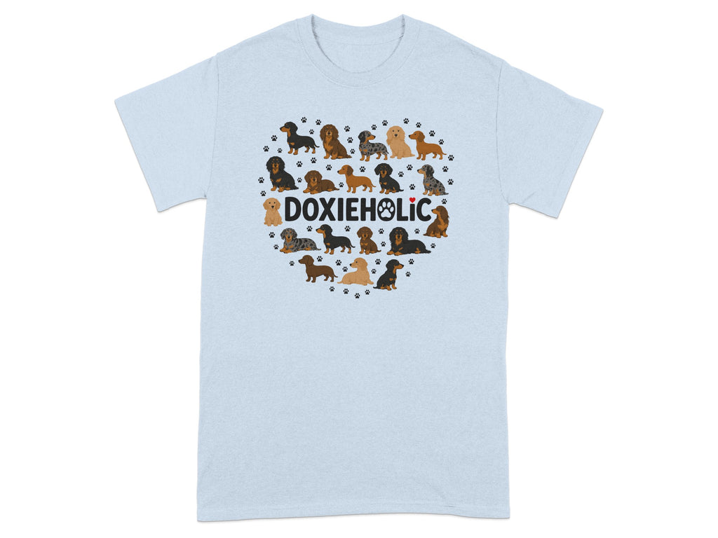 Light blue t-shirt with a heart made of Dachshunds and paw prints.