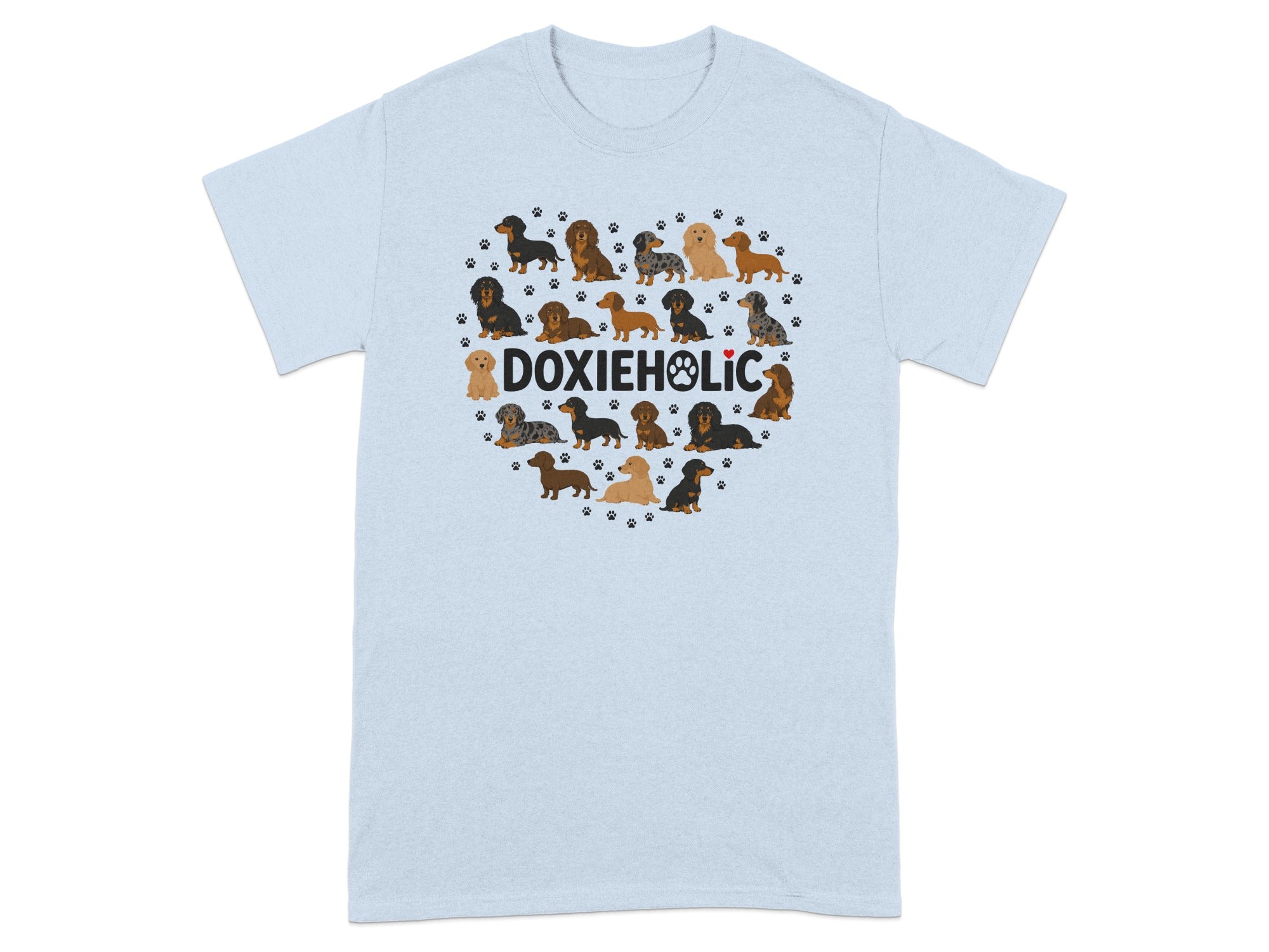 Light blue t-shirt with a heart made of Dachshunds and paw prints.