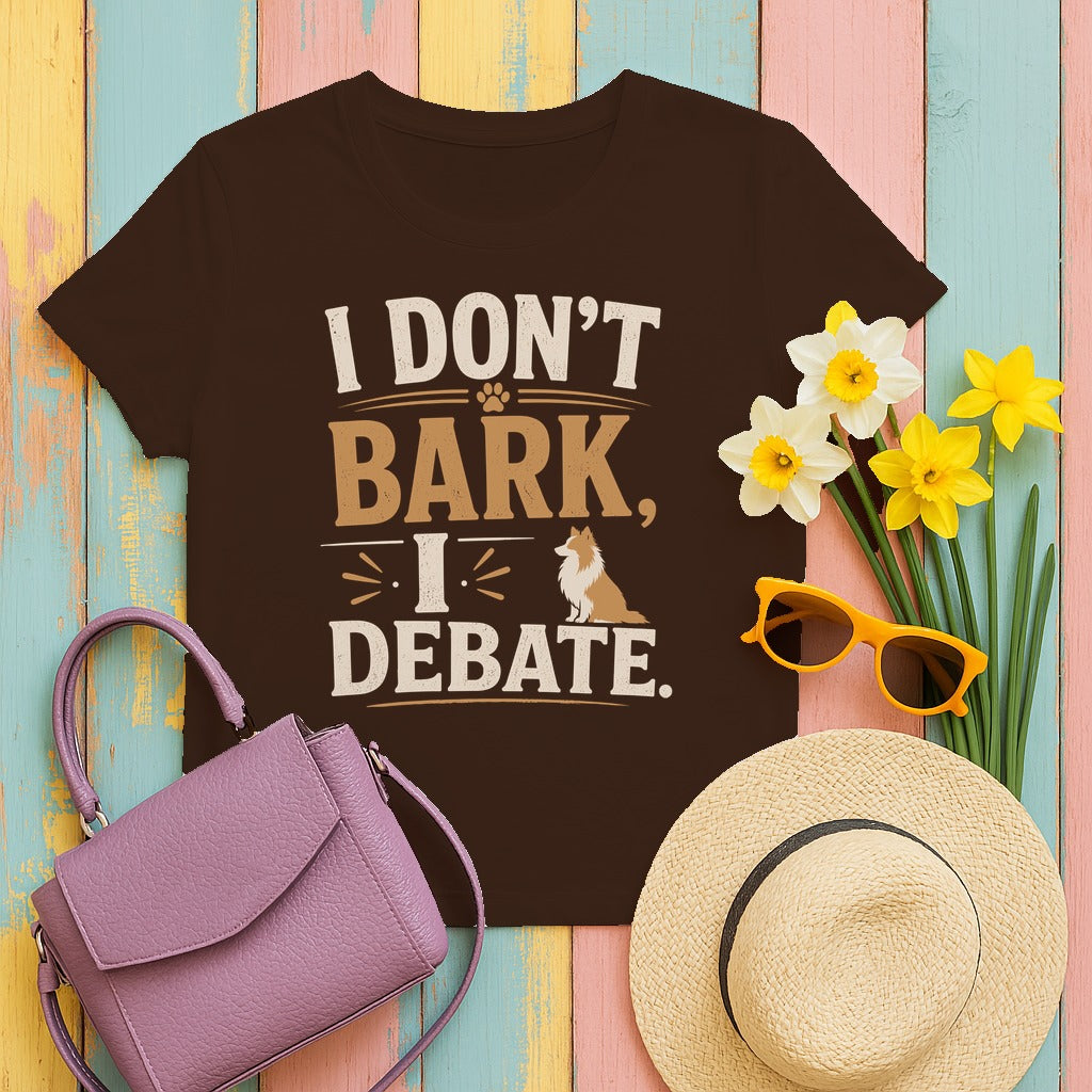 Witty Canine Debater Sheltie T-Shirt in Dark Chocolate
