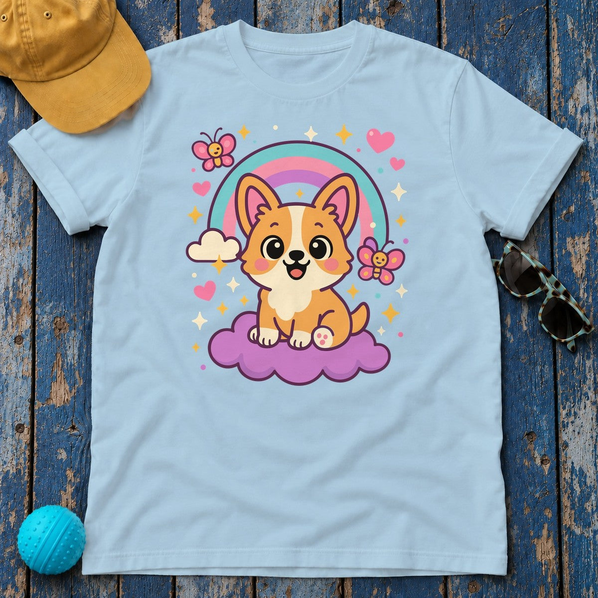 Corgi Dog on Cloud T-Shirt in Light Blue