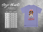 Gildan 5000 size chart with a beagle wearing sunglasses and a bow.