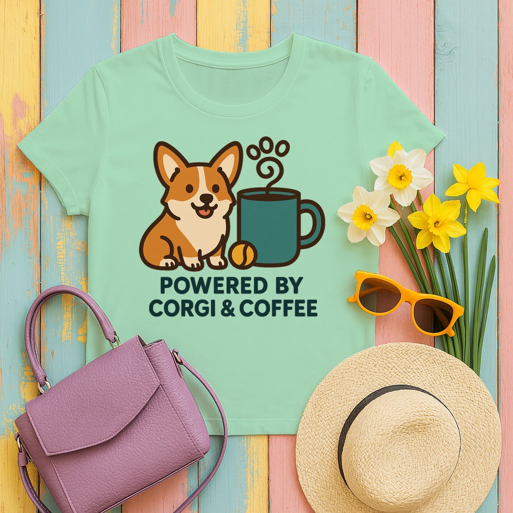Corgi & Coffee Powered Whimsical T-Shirt in Mint Green