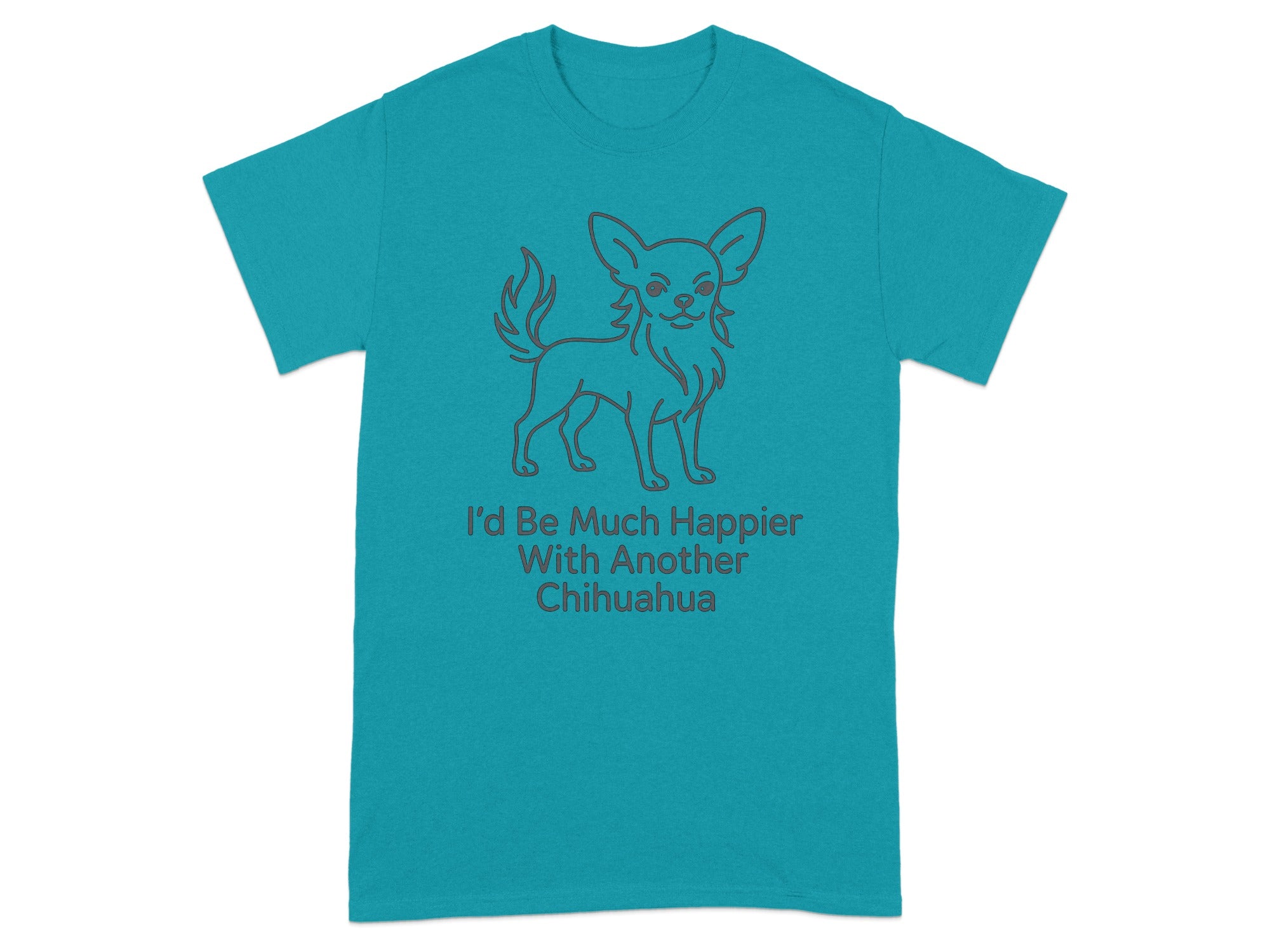 Teal t-shirt with a charcoal line drawing of a chihuahua and text.