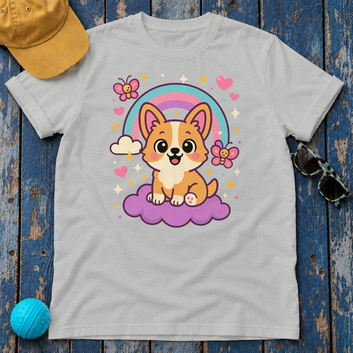 Corgi Dog on Cloud T-Shirt in Sport Grey