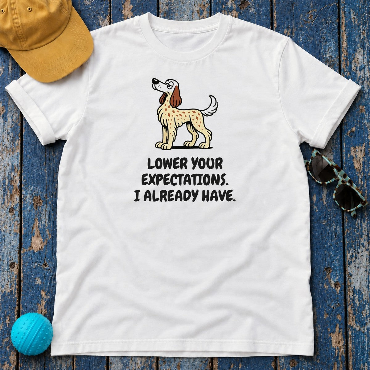 English Setter Lower Your Expectations Tee in White