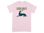 Pink t-shirt with "LUXURY ATHLETE AT REST" and a greyhound illustration.