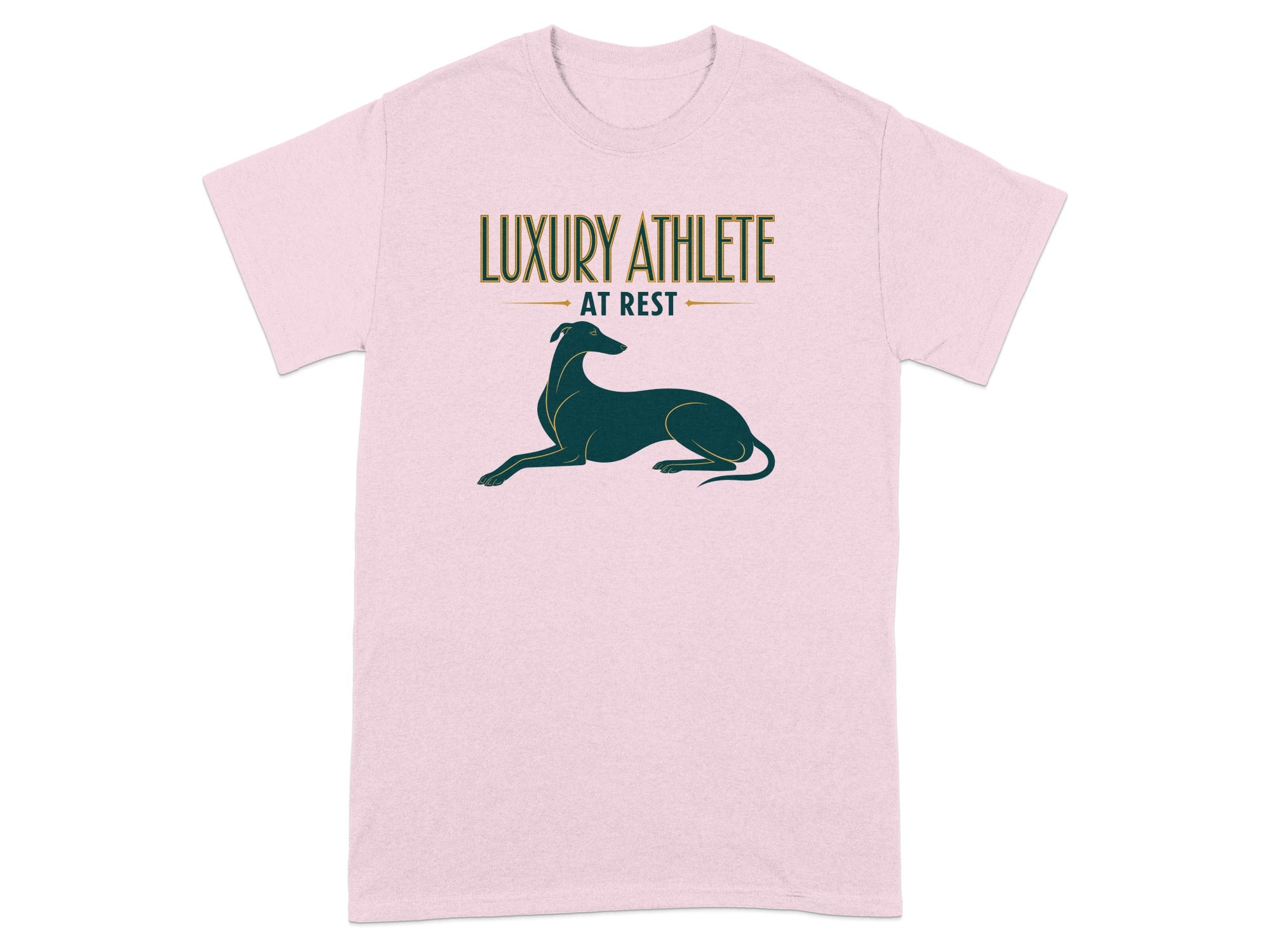 Pink t-shirt with "LUXURY ATHLETE AT REST" and a greyhound illustration.