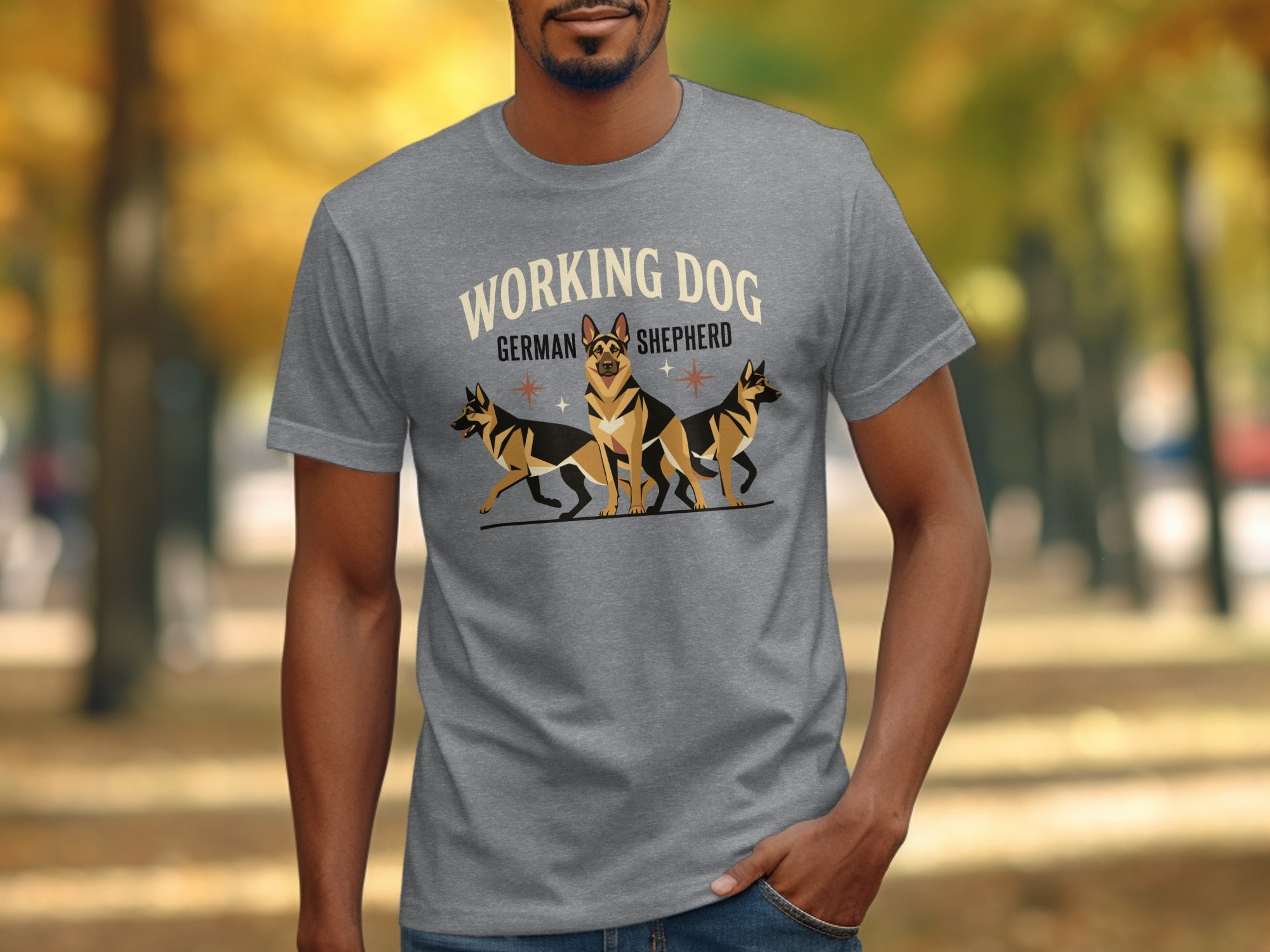 German Shepherd working dog graphic on a grey t-shirt.