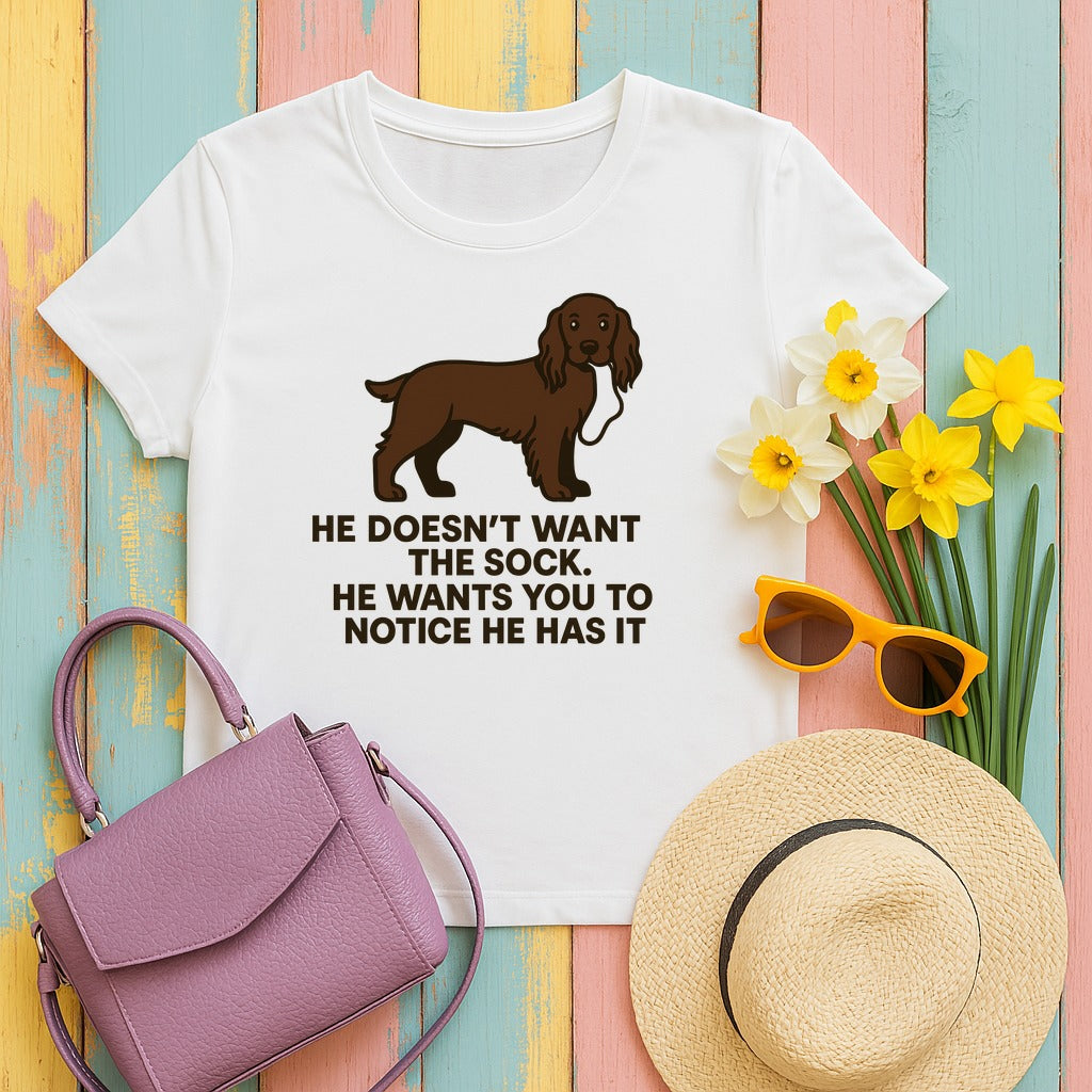 Field Spaniel He Doesn't Want The Sock Tee in White