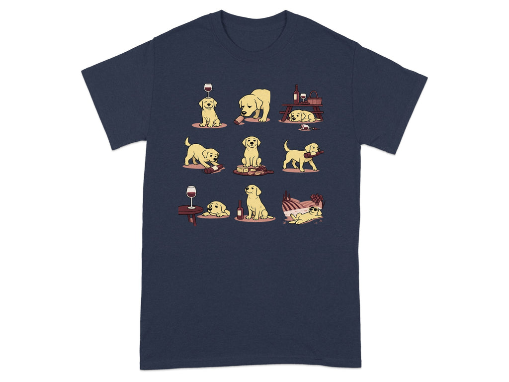Cartoon yellow lab puppies interact with wine bottles and glasses on a navy t-shirt.