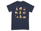 Cartoon yellow lab puppies interact with wine bottles and glasses on a navy t-shirt.