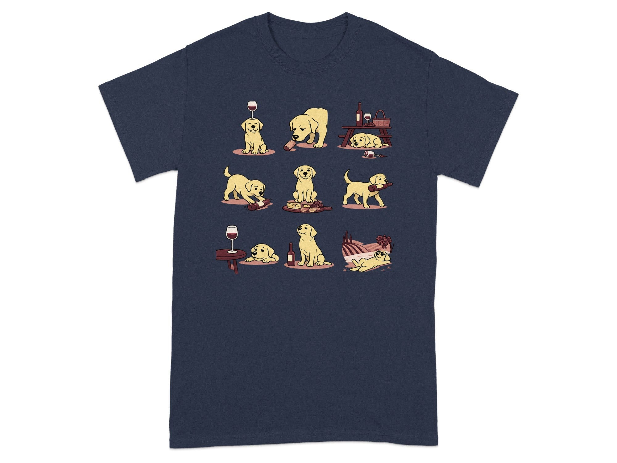Cartoon yellow lab puppies interact with wine bottles and glasses on a navy t-shirt.