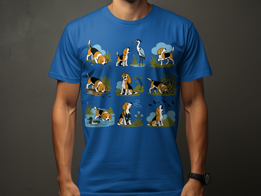 T-shirt with cartoon beagles interacting with nature, including a bird and a duck.