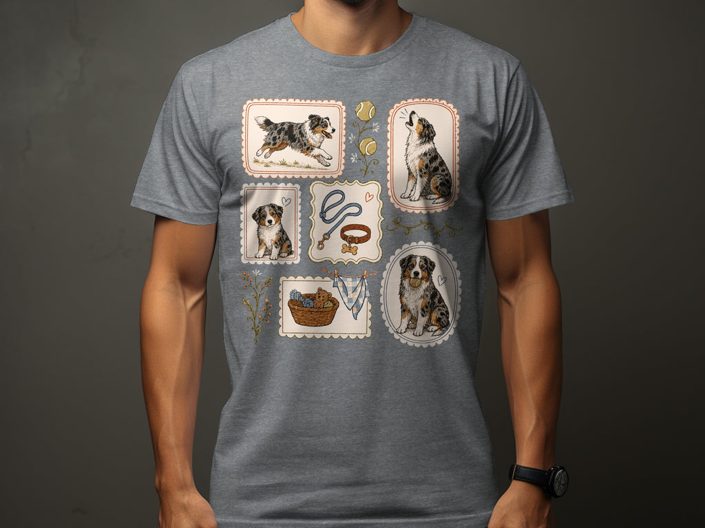 Grey t-shirt with framed vintage illustrations of Australian Shepherds playing and resting.
