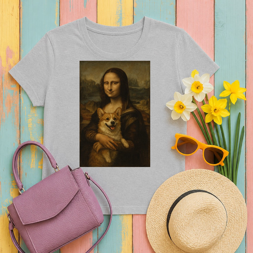 Mona Lisa and Corgi Fine Art Portrait Funny Meme T-Shirt in Sport Grey