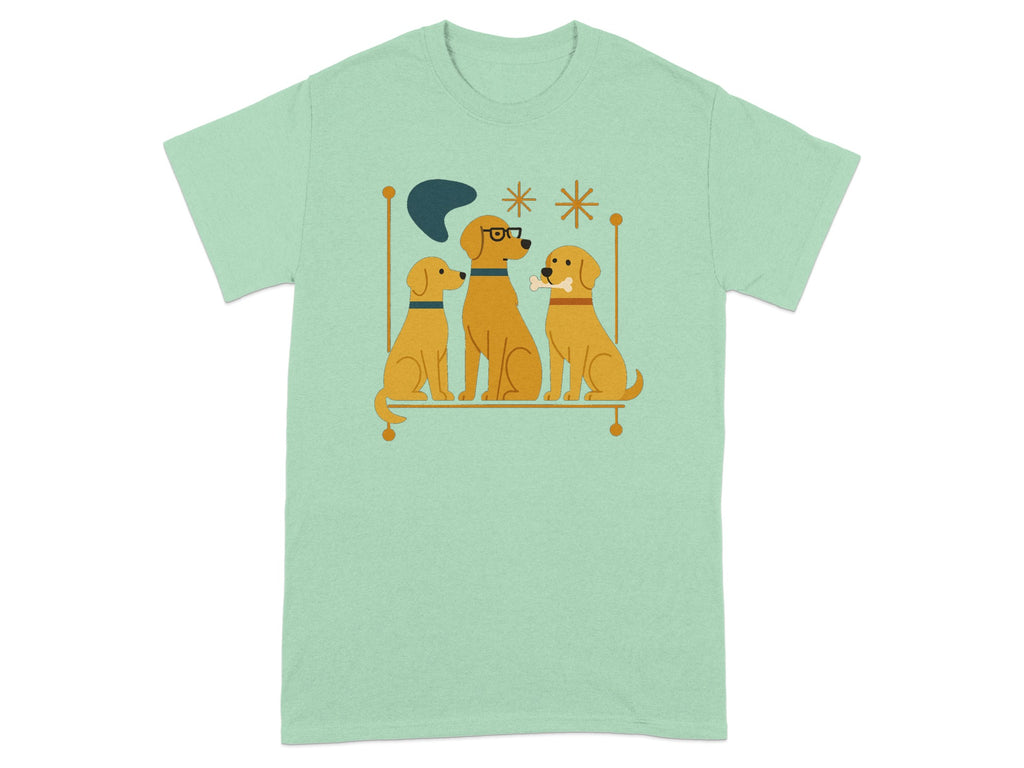 Three golden dogs sit on a shelf with graphic elements and a bone.