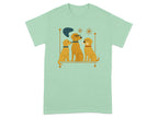 Three golden dogs sit on a shelf with graphic elements and a bone.