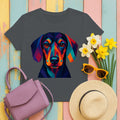 Colorful Geometric Dachshund Graphic Art Design T-Shirt in Charcoal