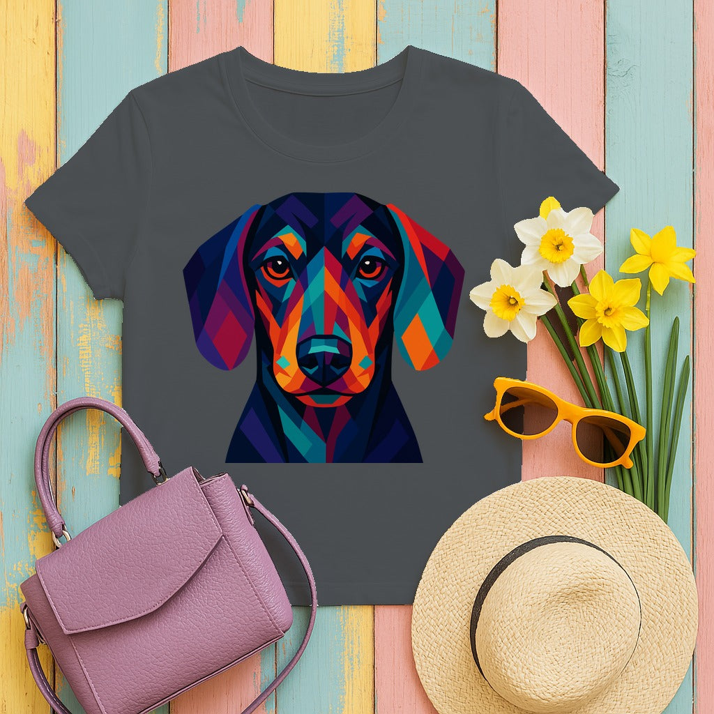 Colorful Geometric Dachshund Graphic Art Design T-Shirt in Charcoal