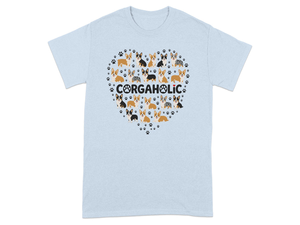 Light blue t-shirt with a heart of corgis and paw prints.