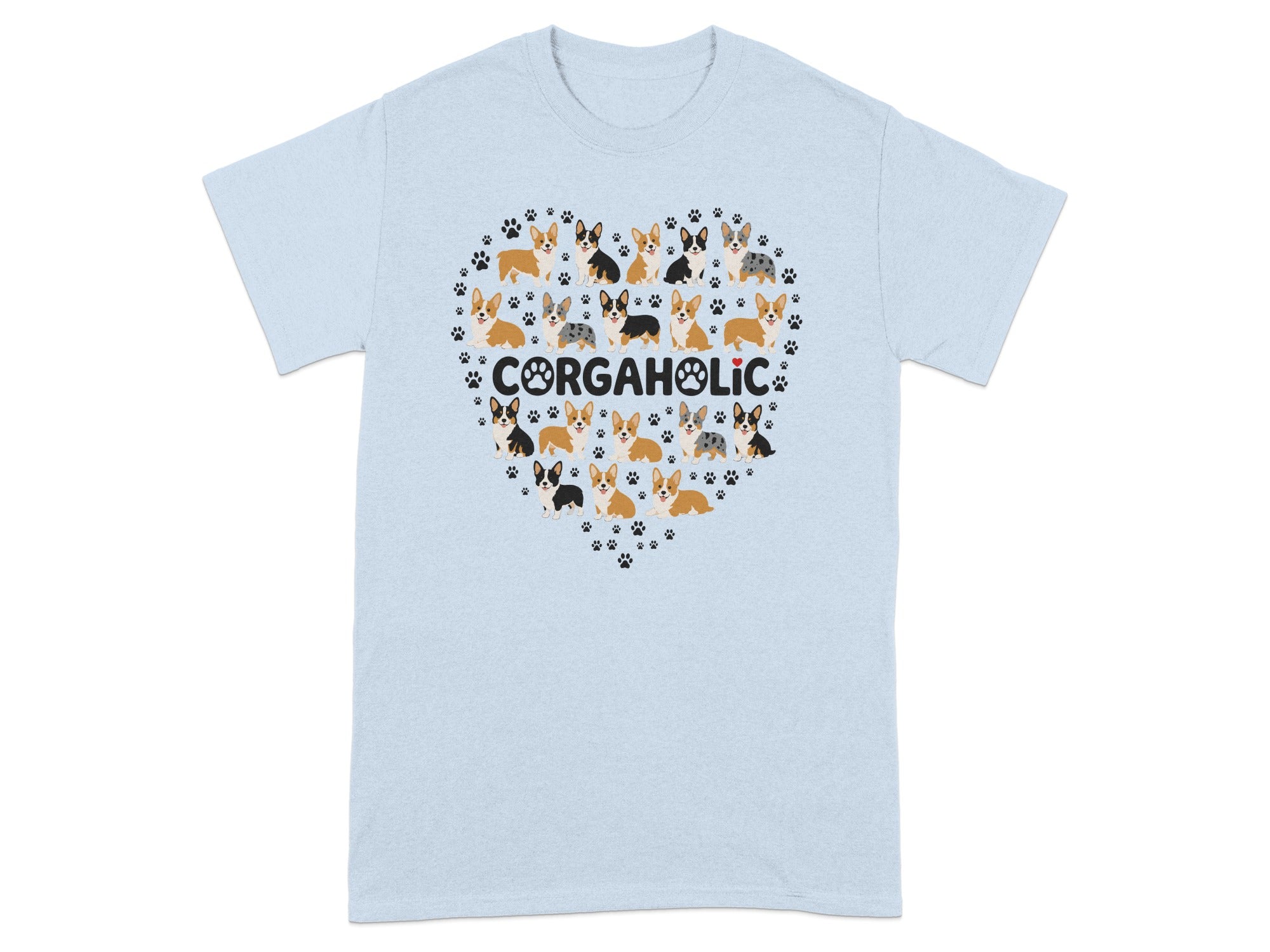 Light blue t-shirt with a heart of corgis and paw prints.
